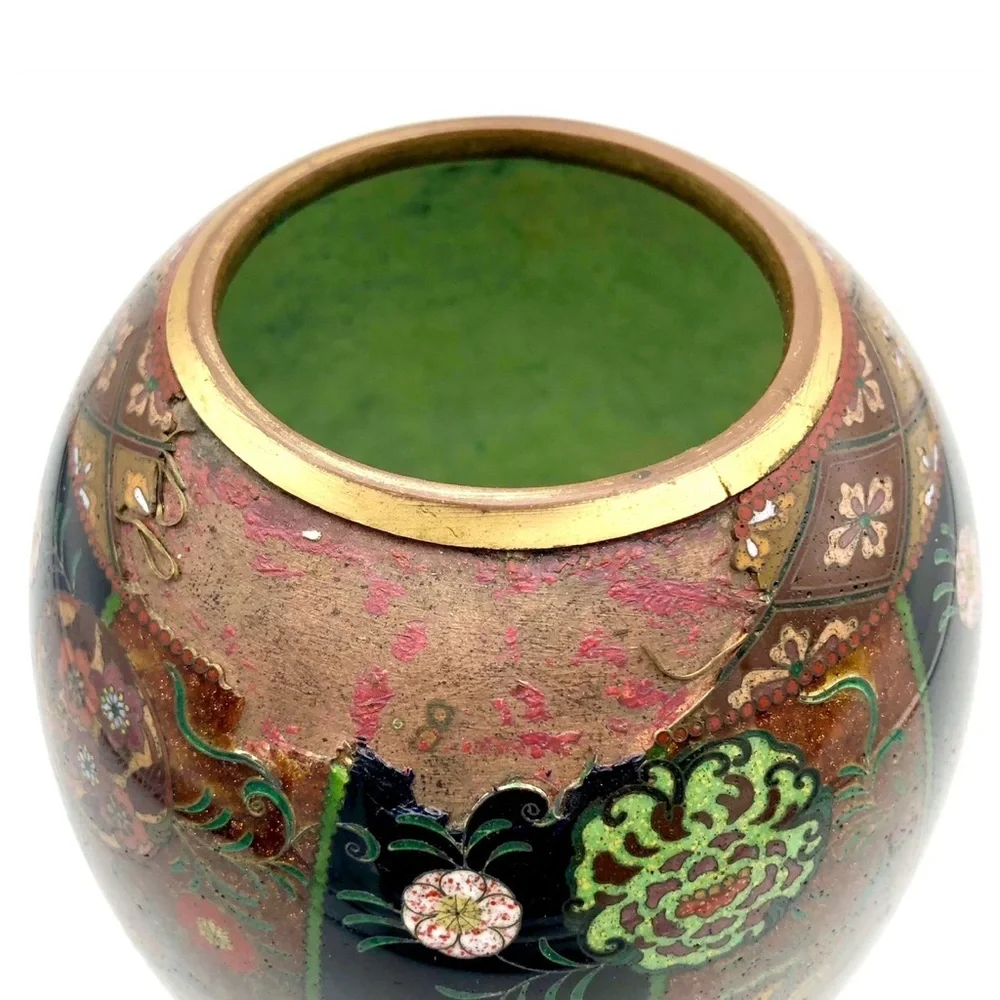 Antique Japanese Meiji Cloisonne Goldstone Vase Fine Kintsugi Art Repair